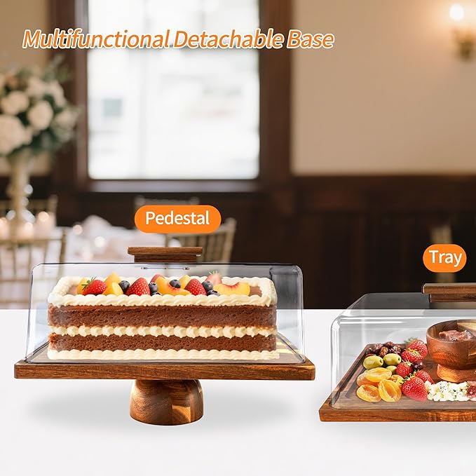 Wood-Rectangular-Cake-Stand with Acrylic Dome Lid, Wooden Cake Holder Plate with Cover, 2-in-1 Dessert Table Display Set for Party, Charcuterie Board for Cheese, Chips & Dips, Nachos, Fruit Platter