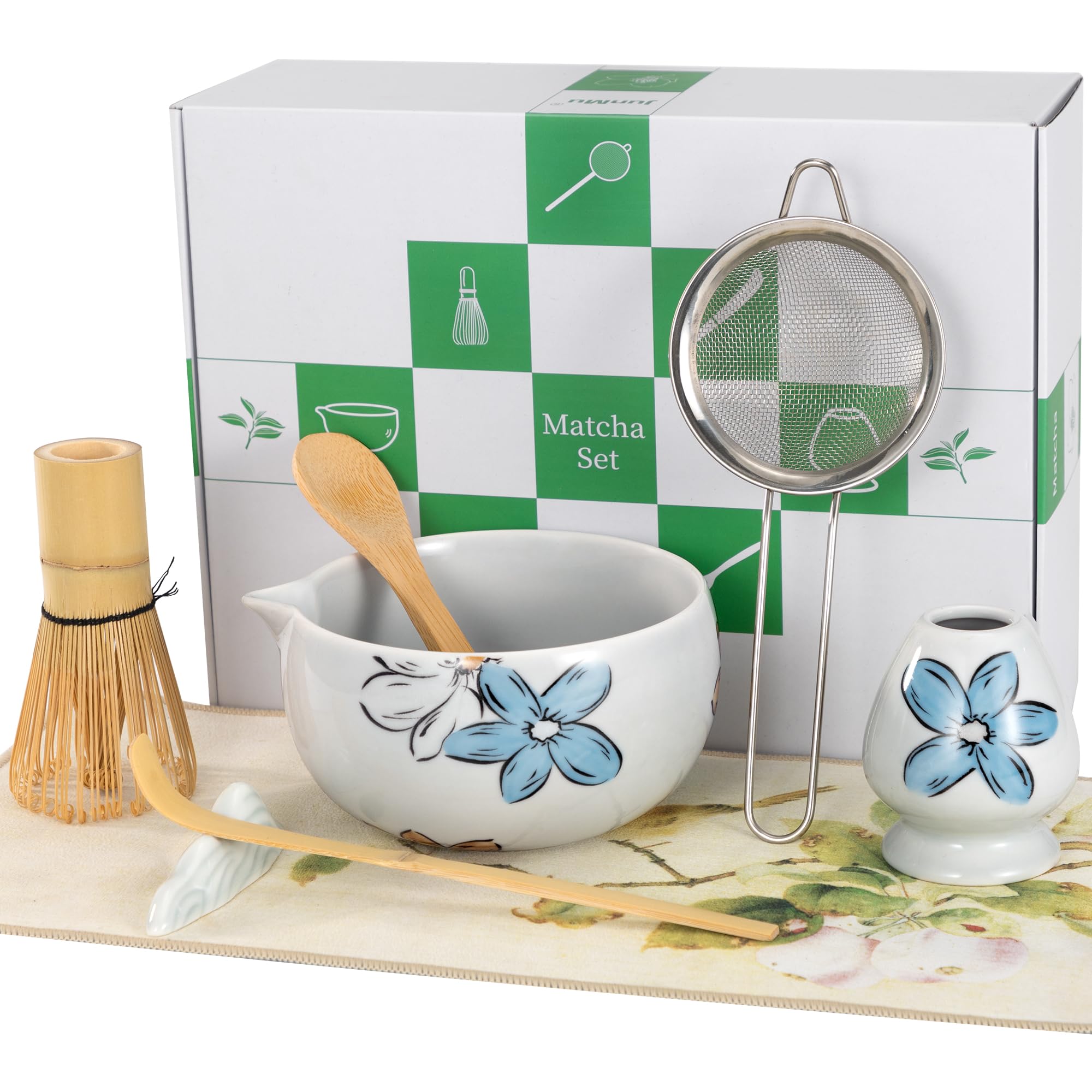 JunMu Matcha Whisk Set Cute,8pcs Matcha Set Whisk And Bowl,Matcha Kit Set With Bamboo Whisk,Ceramic Matcha Bowl,Sifter,Scoop,Holder,Towel,Stand,Spoon,Unique Gift for Japanese Matcha Tea Lover