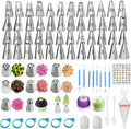 130 Pcs Piping Bags and Tips Set with 48 Numbered Icing Tips,7 Russian Tips,1 Ball Tip,2 Leaf Tips,Pattern Chart,8 Carved Pens,4 Couplers,6 Ties,50 Disposable Pastry Bags for Cake Decorating