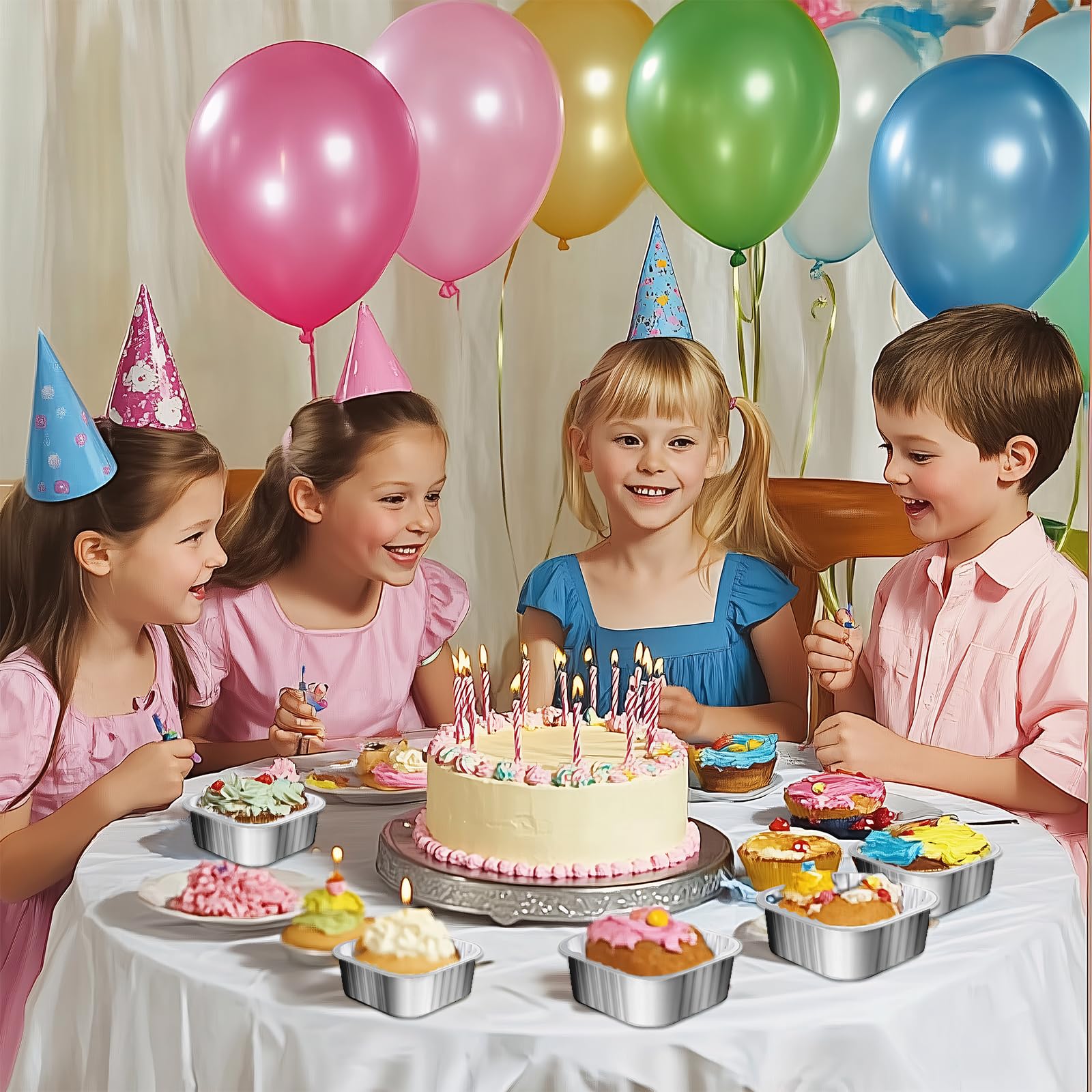 Ksmxos 25 Pack Square Mini Cake Pans with Lids,Mini Loaf Pans with Lids,Aluminum Foil Baking Cups,Disposable Ramekins Cupcake Cups,Dessert Cups for Wedding Birthday Party Picnics,5oz (Silver)