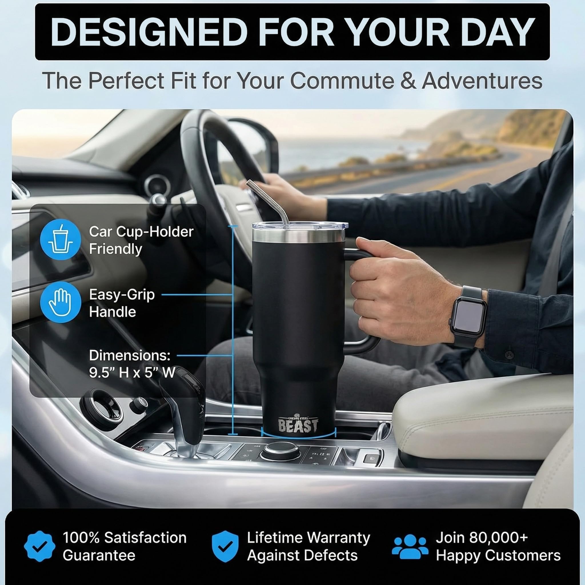 Beast 42 oz Tumbler with Handle Stainless Steel Vacuum Insulated Coffee Ice Cup Double Wall Travel Flask (Matte Black)