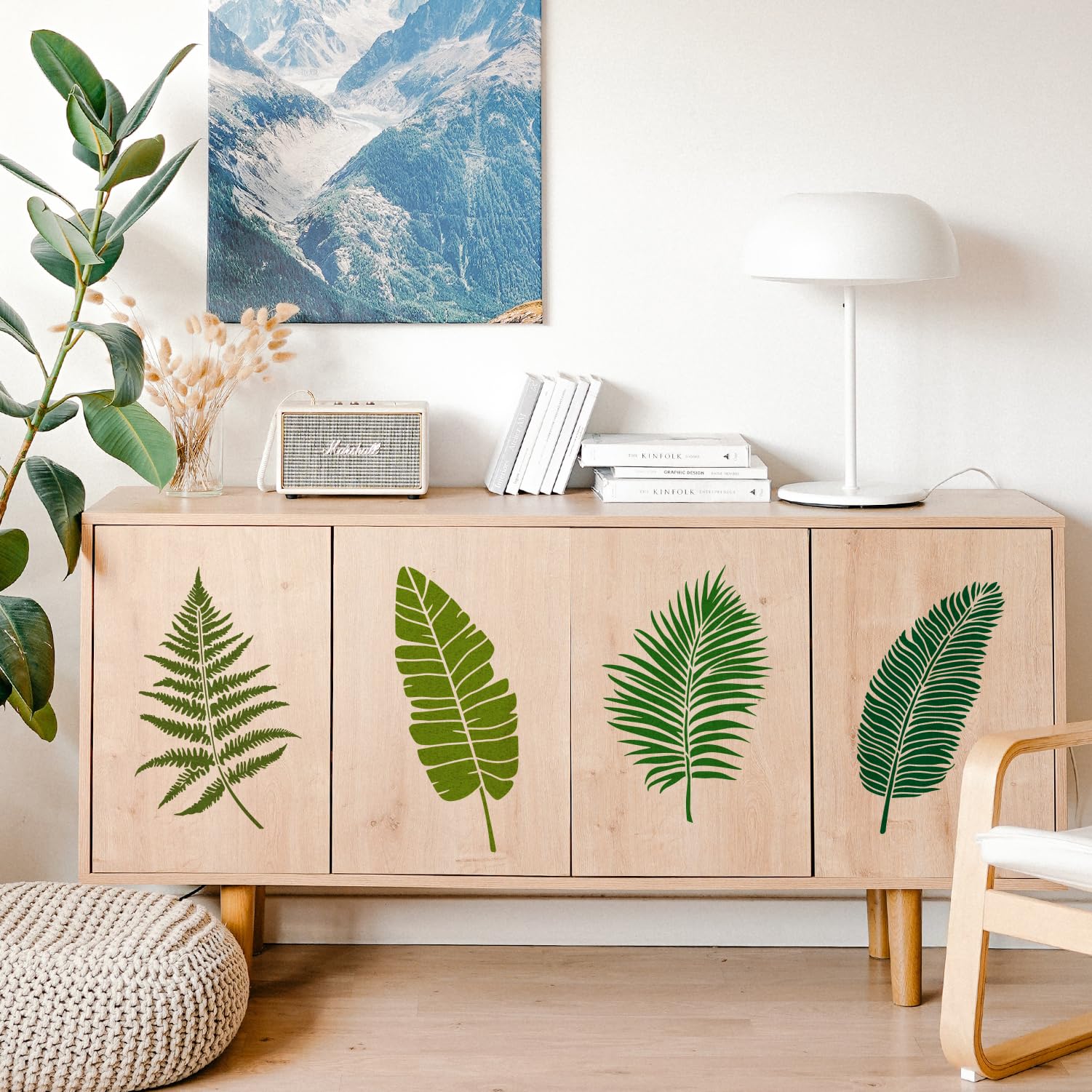 TWINKLEMON 6PCS Large Leaf Stencils for Painting on Walls 16 x 12 Inch Plant Stencil with Brushes Palm Leaf Wall Stencil Tropical Leaves Stencils Plastic Drawing Templates for Wall Furniture Fabric