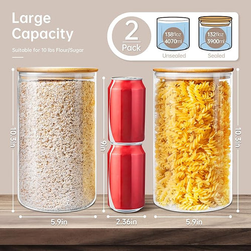 132oz Large Glass Storage Containers with Bamboo Lids for Flour & Sugar -2P
