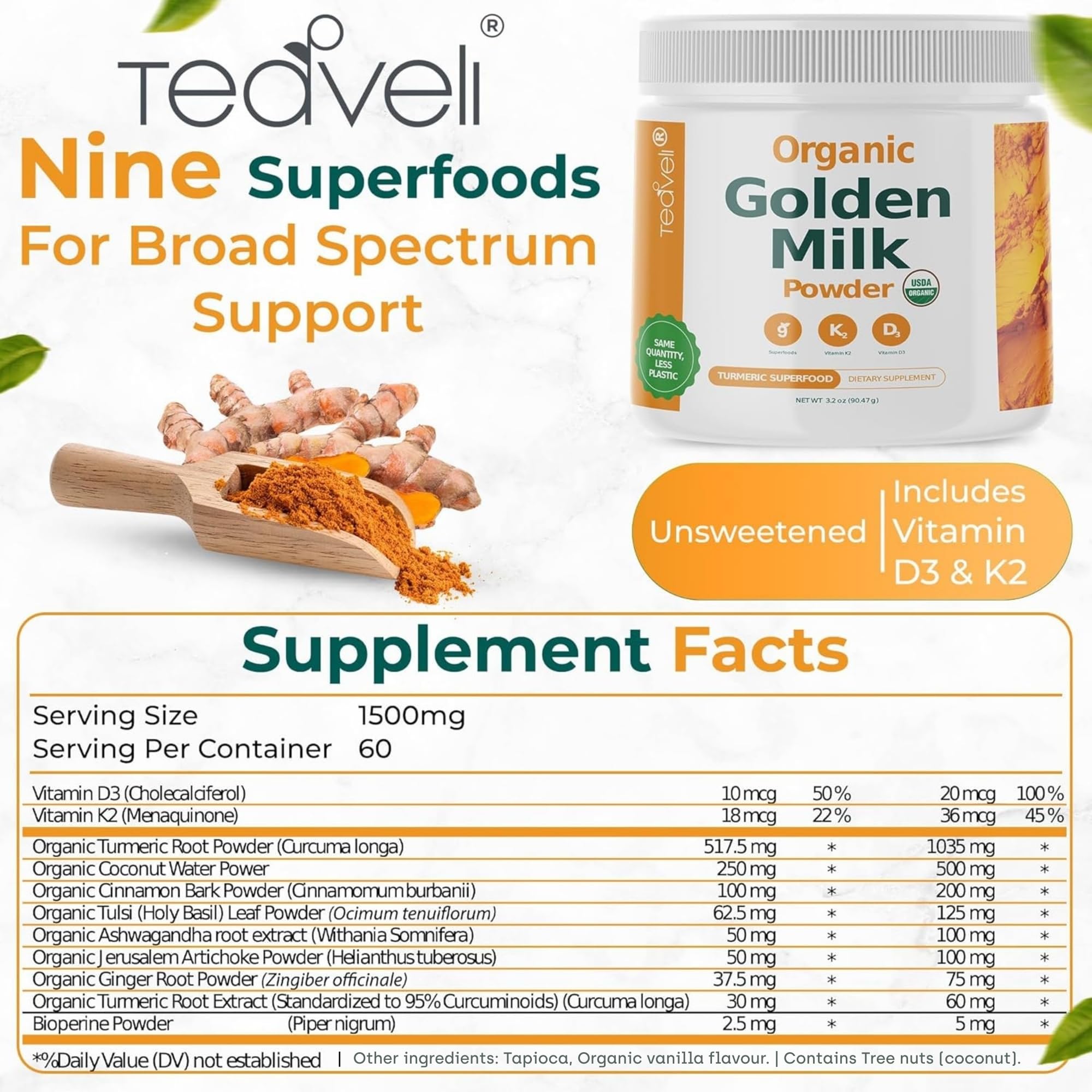 Organic Golden Milk Powder with Vitamins D3 & K2, Turmeric, Ginger, Curcumin, Cinnamon, KSM66 Ashwagandha, Holy Basil & Natural Prebiotics– Delicious Unsweetened Turmeric Tea Latte- 30 Servings