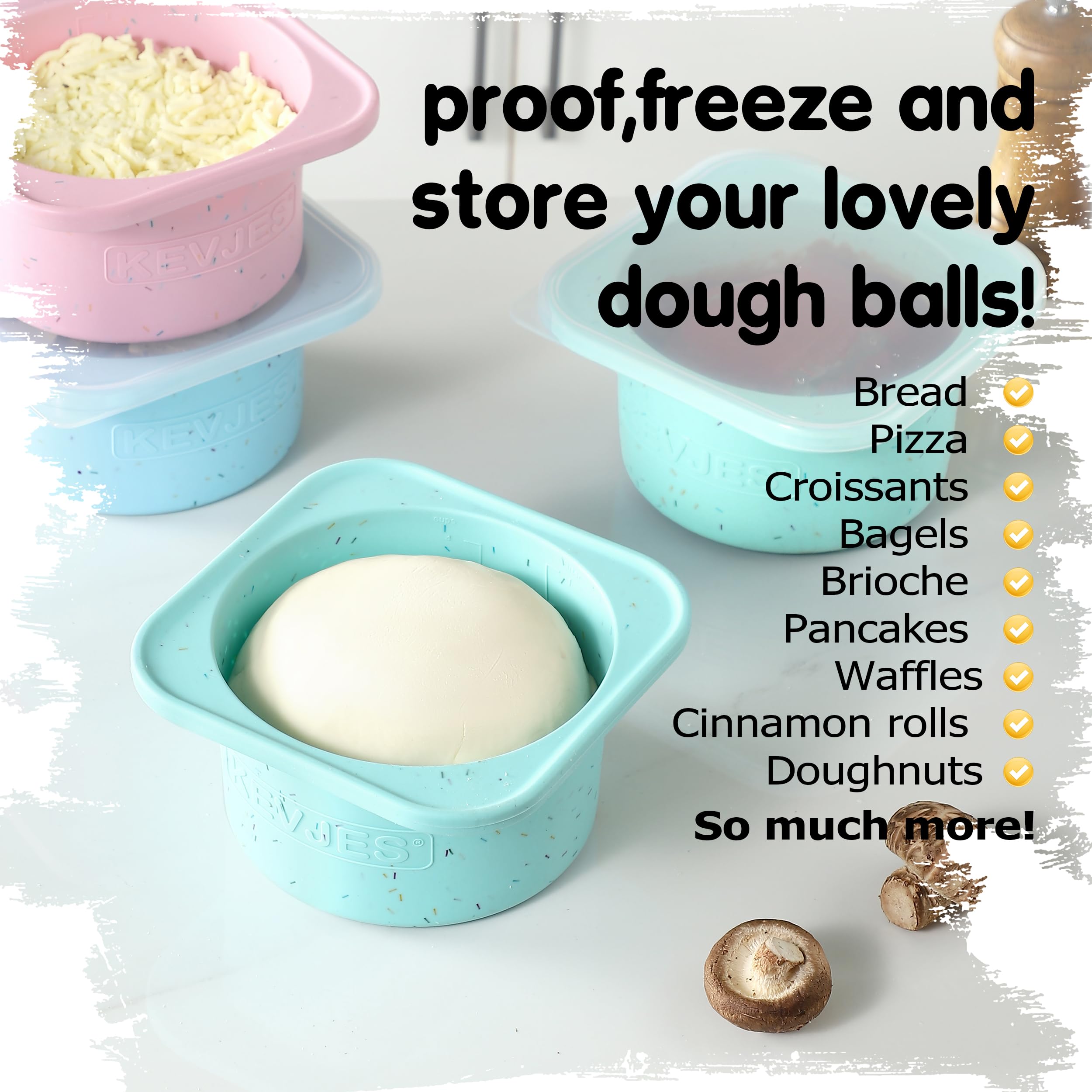 KEVJES PLUS 1000ml Pizza Dough Proofing Containers for DIY family Artisan Pizza, Food Grade Silicone Stackable Boxes with Lids, Freezer, Fridge, Dishwasher Safe-Sprinkles Pattern-3 Pack (Bondi Mint)