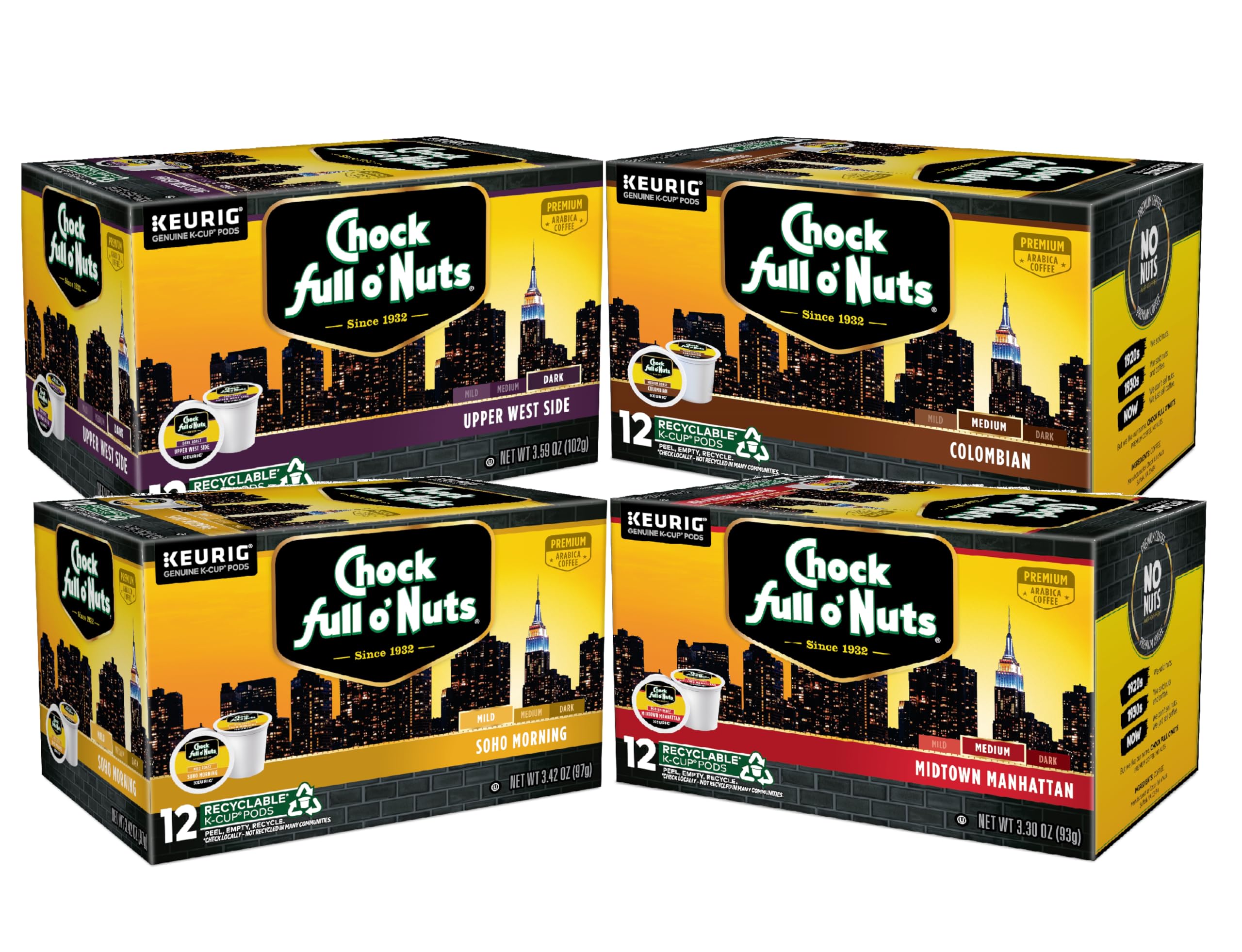 Chock Full o' Nuts Variety Pack Keurig K-Cup Pods for Keurig Brewers – Premium Arabica, Mild, Medium and Dark Roast – Single Serve – 4 Packs of 12 K-Cup Pods