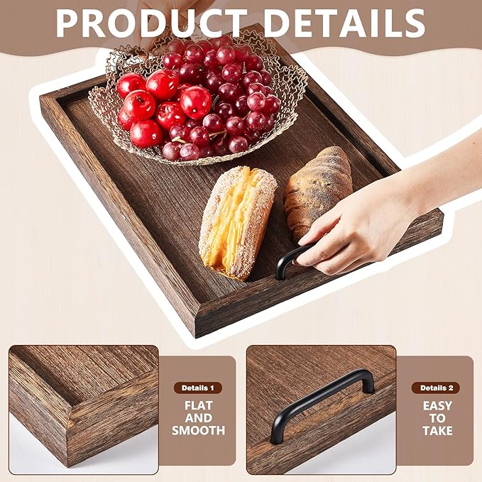 Lallisa 4 Pcs Large Wooden Serving Trays Decorative 15.75 x 11.81 x 2.36 Inch Ottomantray Rustic with Handle for Banquet Party Rectangular Lap Tray for Breakfast Coffee Table Picnic Bed Eating