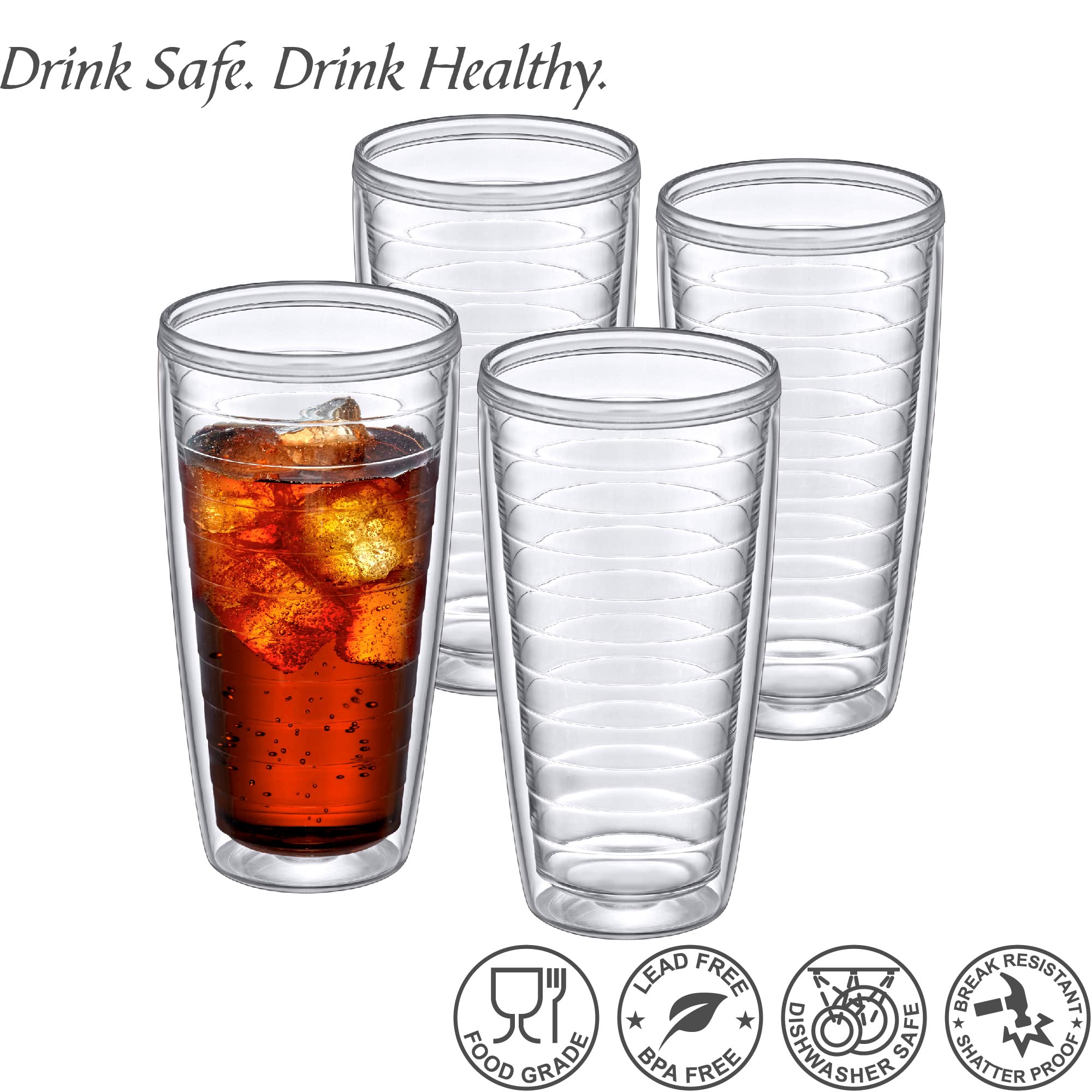 Amazing Abby - Alaska - 24-Ounce Insulated Plastic Tumblers (Set of 4), Double-Wall Plastic Drinking Glasses, All-Clear Reusable Cups, BPA-Free, Shatter-Proof, Dishwasher-Safe