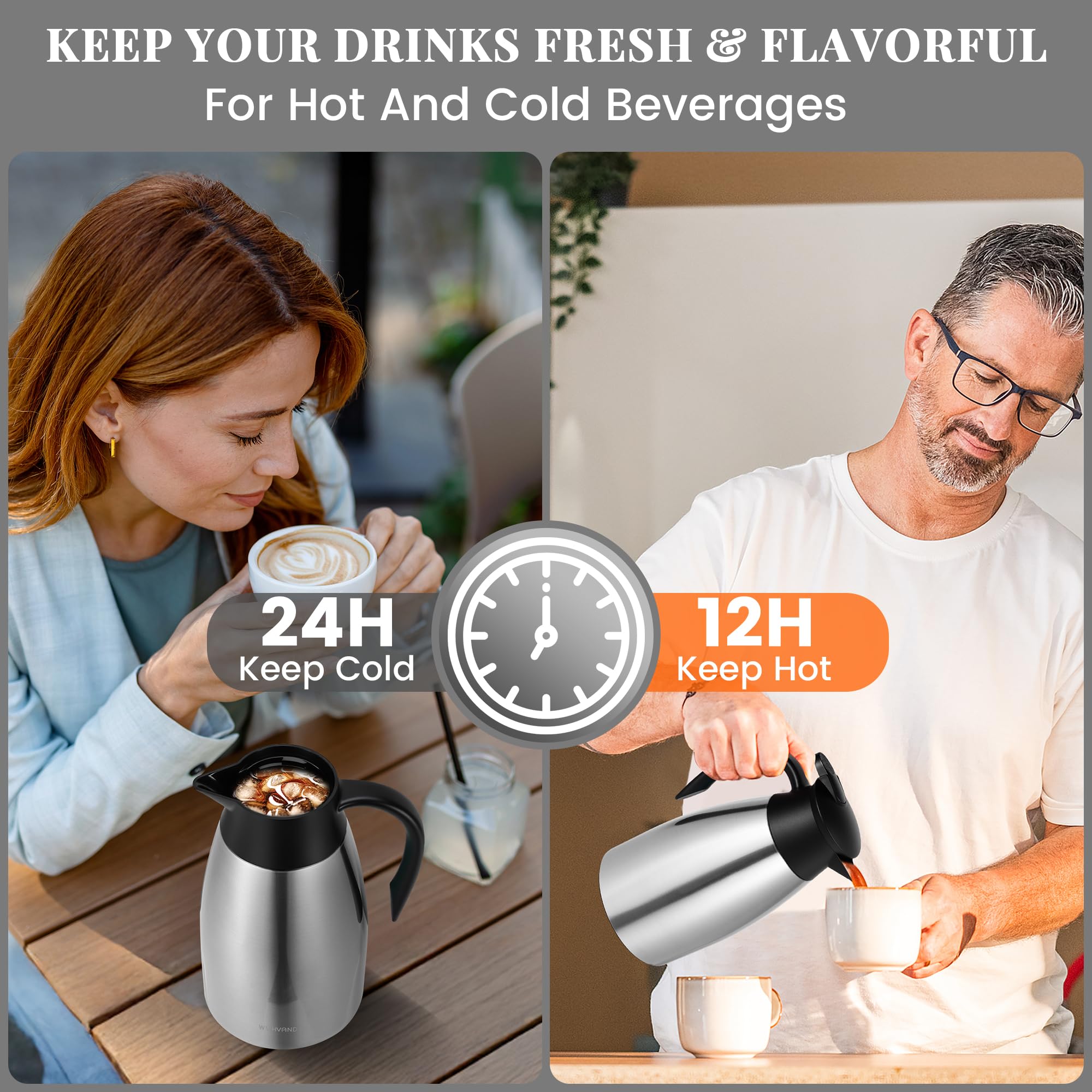 WYHVAND Thermal Coffee Carafe, 51 oz, Leakproof Push-Button Lid, Silver