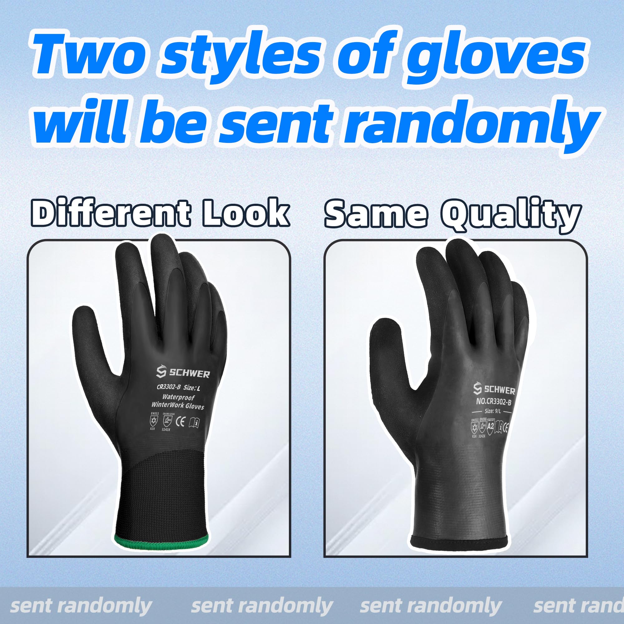 Schwer 2 Pairs Waterproof Winter Work Gloves Latex Coated, CR3302-B, XXL
