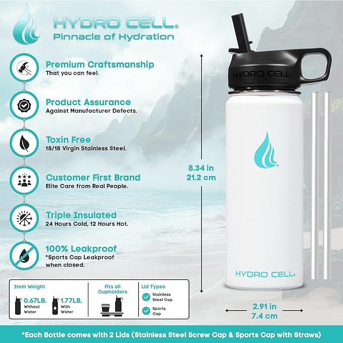 HYDRO CELL Stainless Steel Insulated Water Bottle with Straw - for Cold & Hot Drinks - Metal Vacuum Flask with Screw Cap and Modern Leakproof Sport Thermos for Adults (White 18oz)