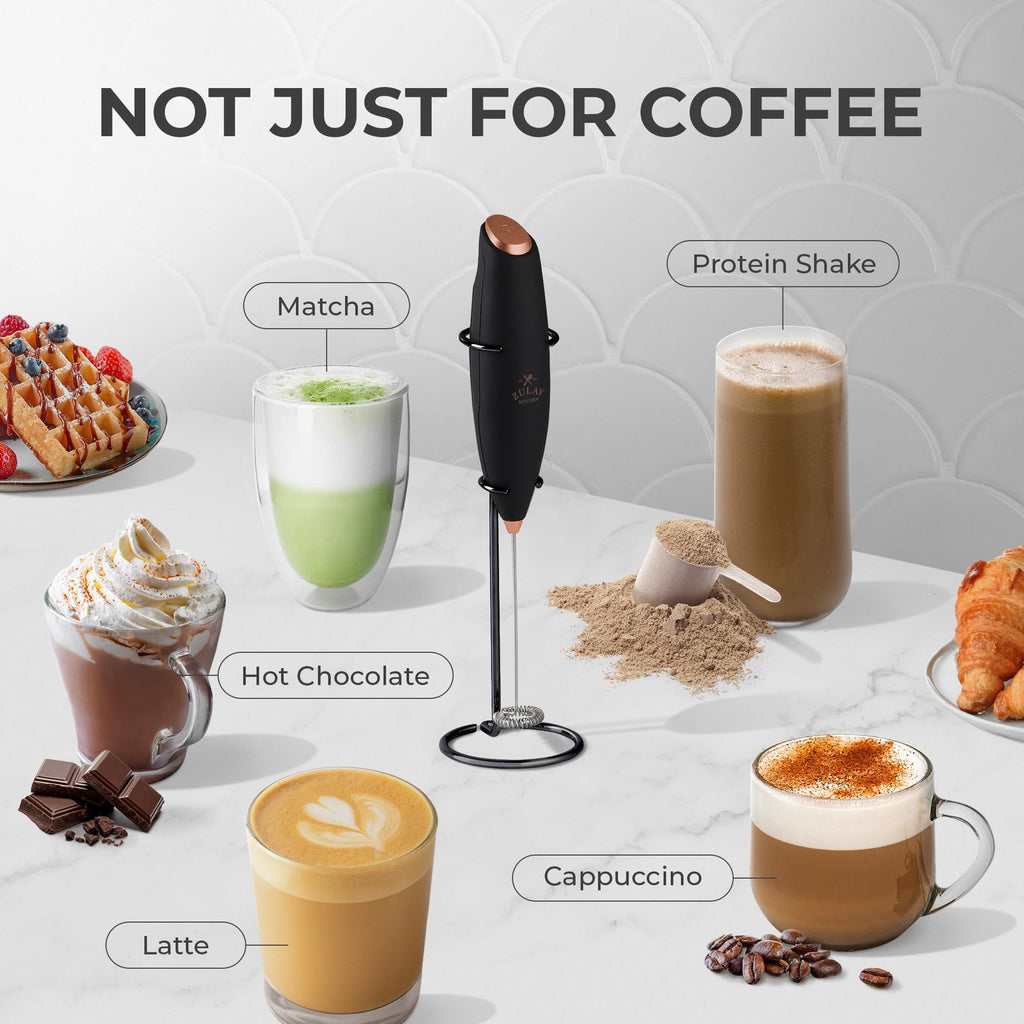 Zulay Kitchen Powerful Milk Frother Wand With Duracell Batteries - Ultra Fast Handheld Drink Mixer - Electric Whisk Foam Maker for Coffee, Lattes, Cappuccino & Matcha - Z1 Motor - Black & Copper