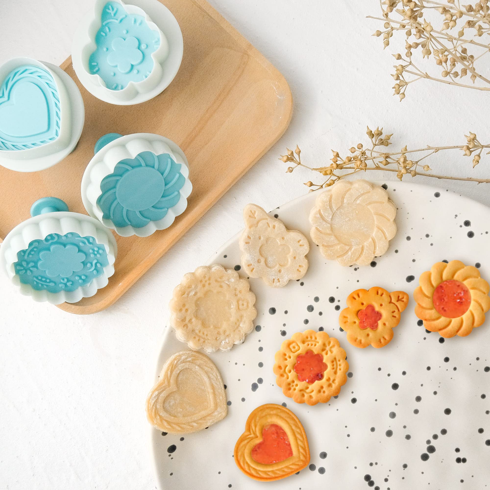 PTSGCAI Cookie Stamps for Baking, 4-Pcs Set with Wooden Handle, 3D Cookie Press Molds for Christmas, Holiday & Party, Perfect for Shortbread, Fondant & Cake Decoration - Flower & Leaf Patterns