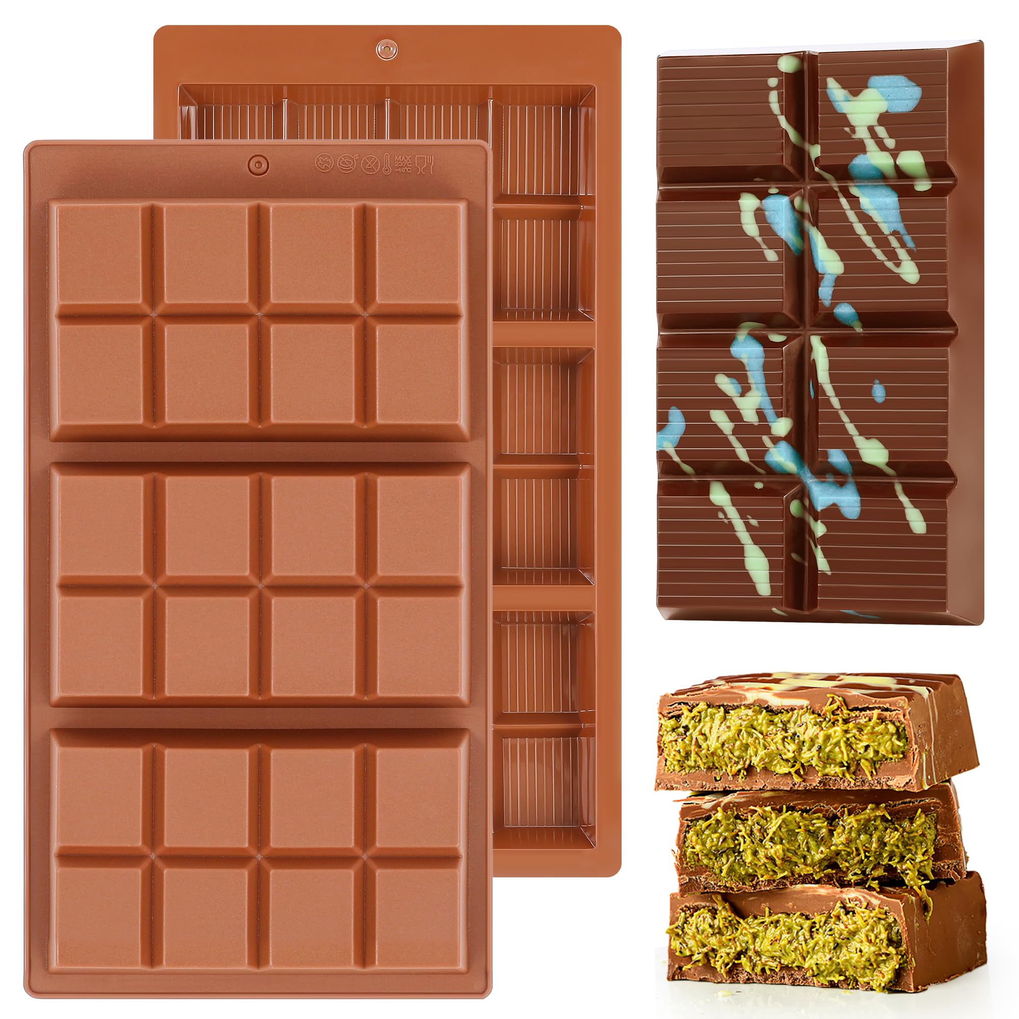 KASHME 2 Pcs Chocolate Bar Mold Deep Dubai 0.85 Inch Stuffed Large Chocolate Molds Silicone Break Apart Thick Silicone Molds for Candy Bar (8 Snap）