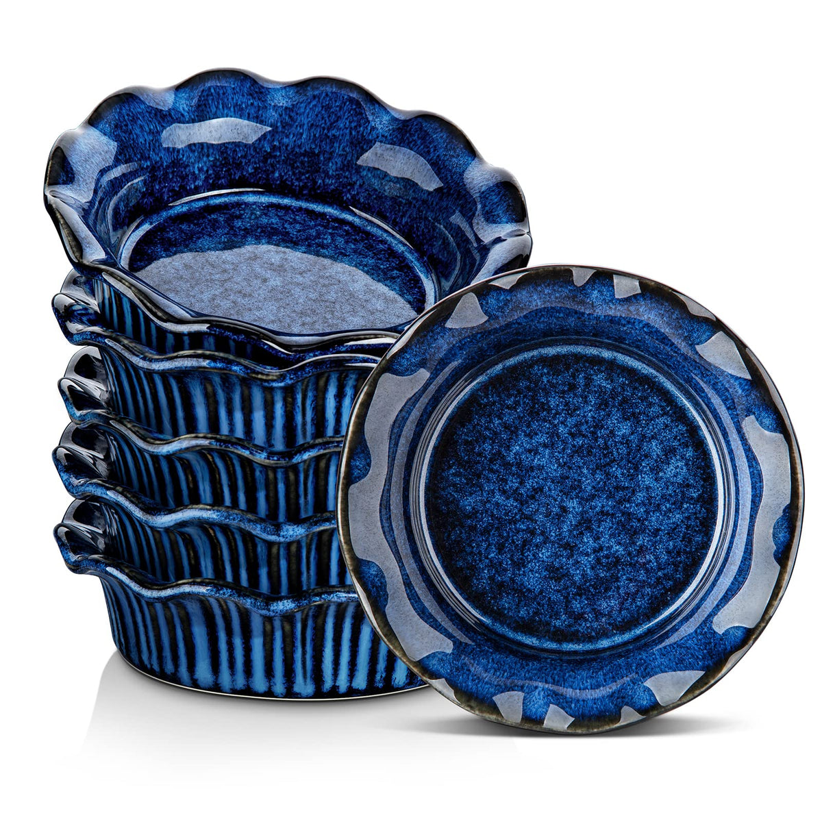 vancasso Ceramic Mini Pie Pans Set of 6, 5.2 Inch Small Pie Plates for Baking with Ruffled Edge, Individual Quiche Baking Dishes Tart Pans, Mini Pot Pie Plates for Microwave & Oven Safe, Blue