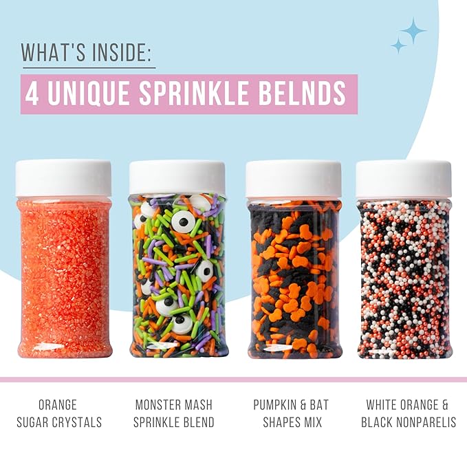 Sweets Indeed Halloween Sprinkles 4-Pack – 10.90 oz Jar Set | Candy Eyeball Mix, Bat & Pumpkin Quin Mix, Orange Sanding Sugar & Black/White/Orange Nonpareils | Cupcake & Cookie Decorations