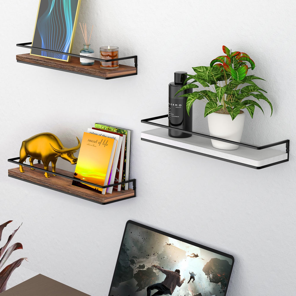 Meangood Floating Shelves Wall Mounted Set of 2, Towel Bar Rustic Wood Wall Storage Shelves for Bedroom,Living Room,Bathroom, Kitchen Rustic Brown