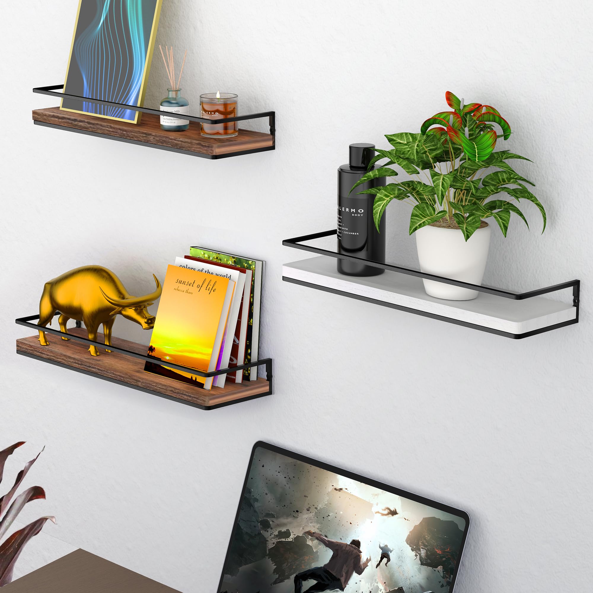 Meangood Floating Shelves Wall Mounted Set of 2, Towel Bar Rustic Wood Wall Storage Shelves for Bedroom,Living Room,Bathroom, Kitchen Rustic Brown