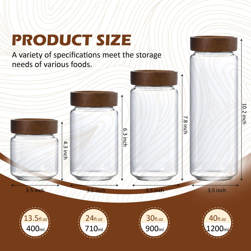MOLADRI 40 fl oz/1200 ml Glass Jar with Airtight Wooden Screw Top Lid, Clear Stackable Food Storage Canister, Large Tall Decorative Glass Container for Coffee, Candy, Cookie, Sugar, Oatmeal, Pasta