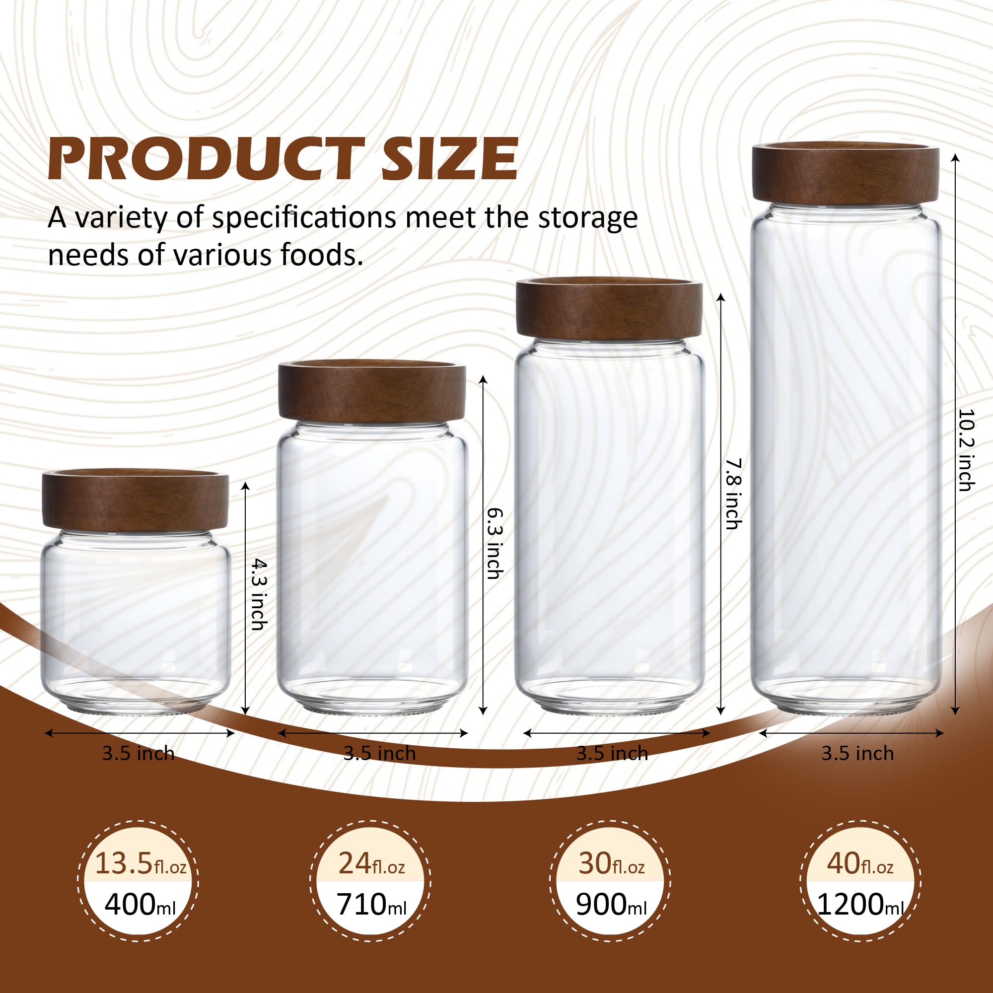 MOLADRI 40 fl oz/1200 ml Glass Jar with Airtight Wooden Screw Top Lid, Clear Stackable Food Storage Canister, Large Tall Decorative Glass Container for Coffee, Candy, Cookie, Sugar, Oatmeal, Pasta