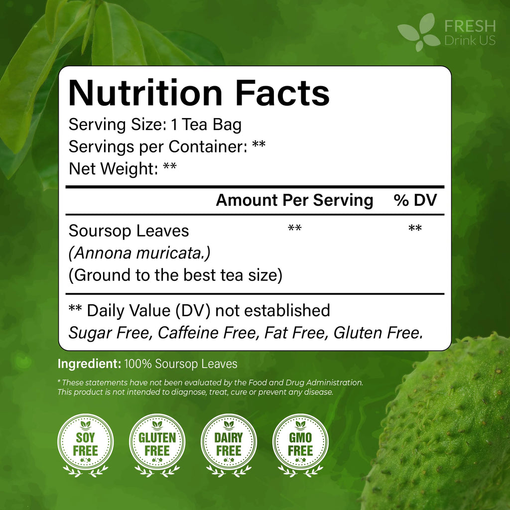 FreshDrinkUS, Premium 10 Soursop Graviola Leaf Tea Bags, 100% Natural & Pure from Soursop Leaves, Hoja Guanabana Herbal Tea. Made with Natural Material Tea Bags. No Sugar, No Caffeine, Vegan.