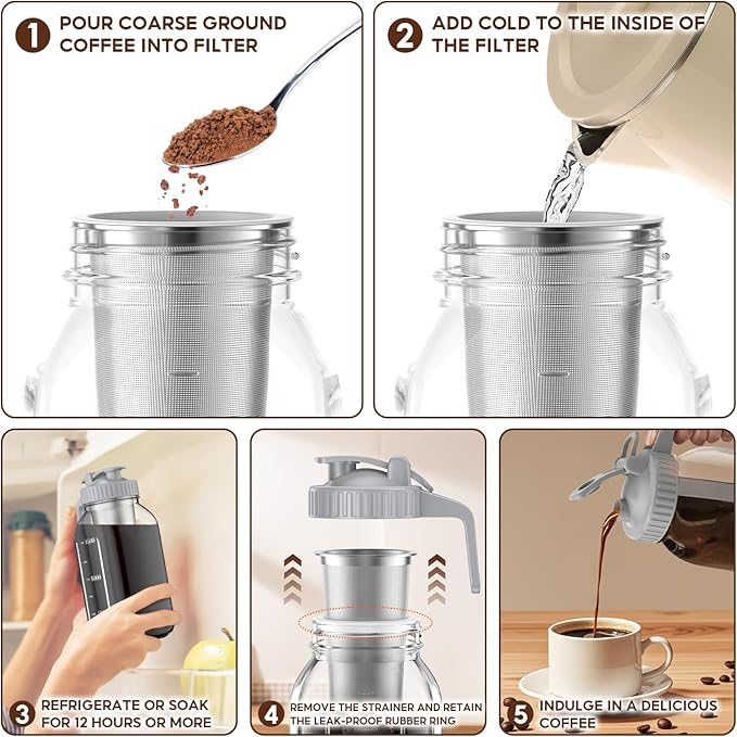 Cold Brew Coffee Maker Jar - 2 Pack 64 oz Glass Cold Brew Maker with Handle, Stainless Steel Filter & Leak-Proof Lid, Heavy Duty Cold Brew Pitcher for Iced Coffee, Sun Tea, and Milk