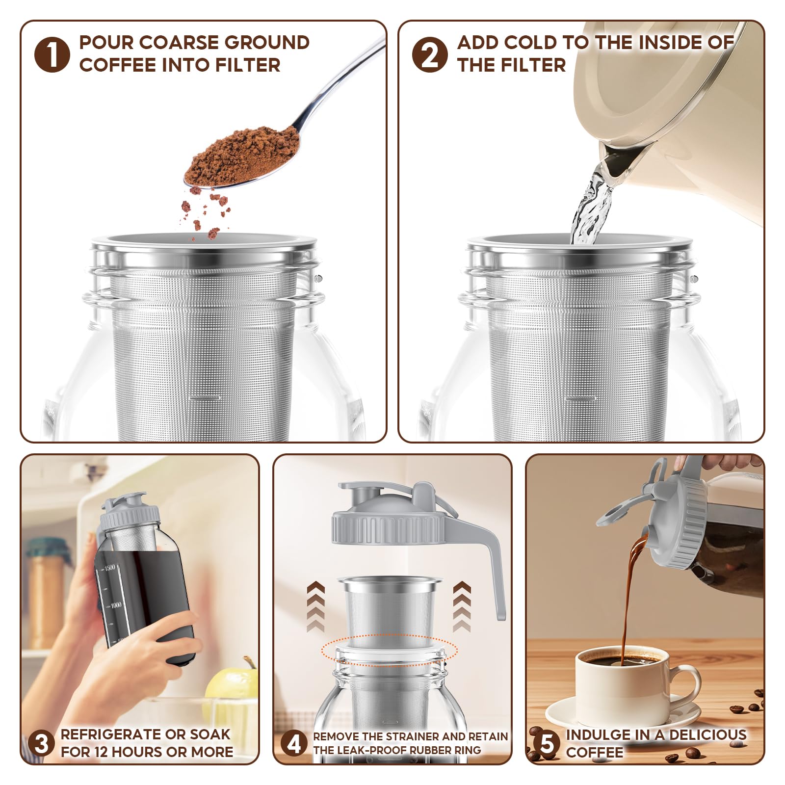 2 Pack 64 oz Cold Brew Coffee Maker Jar - Thick Glass Cold Brew Maker with Handle, Stainless Steel Filter & Leak-Proof Lid, Cold Brew Pitcher for Iced Coffee,Tea and Milk (2 Quart / 1.9 Liter)