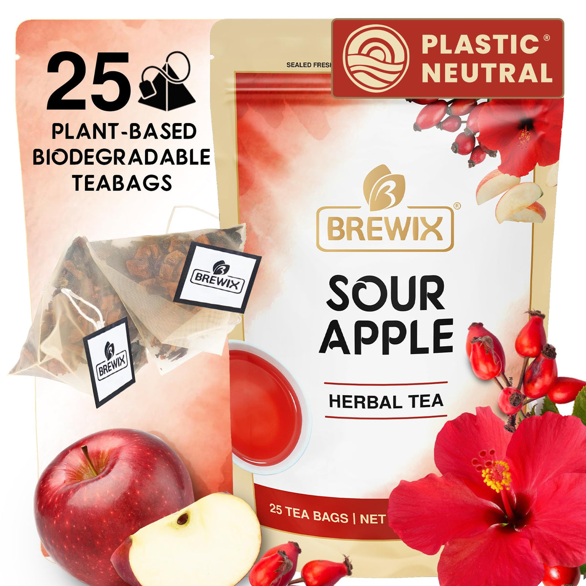 BREWIX, Sour Apple Hibiscus Tea Bags (25 Pyramid Tea Bags) Refreshing Wellness Brew for Any Mood | Caffeine-Free Herbal Fruit Tea with Real Apple, Hibiscus & Rosehip | Tart, Fruity & Refreshing | Hot or Iced Tea