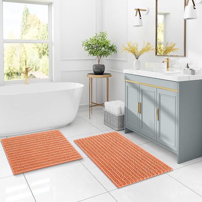 Arotive Luxury Chenille Bathroom Rug Mat, Extra Soft Thick Absorbent Shaggy Bath Rugs, Non-Slip Machine Wash Dry, Plush Bath Mats for Bathroom, Shower and Tub, 60x24, Coral