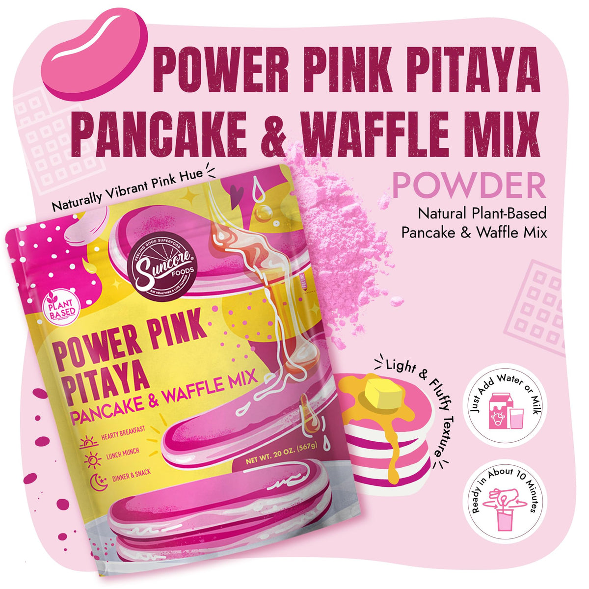 Suncore Foods Power Pink Pitaya Pancake & Waffle Mix 20oz | Plant-Based