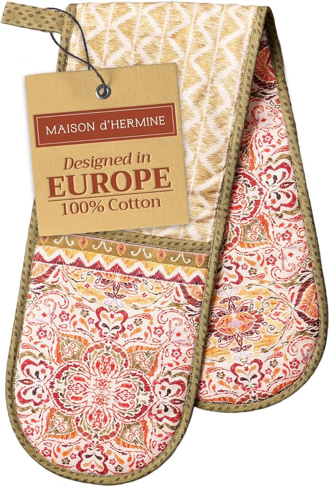 Maison d' Hermine Double Oven Mitts 100% Cotton 7"x35" Double Oven Mitt Heat Resistant BBQ Cooking Gloves with Loop, Baking, Grilling, Home, Kitchen, Handling Hot Pans (Damask)