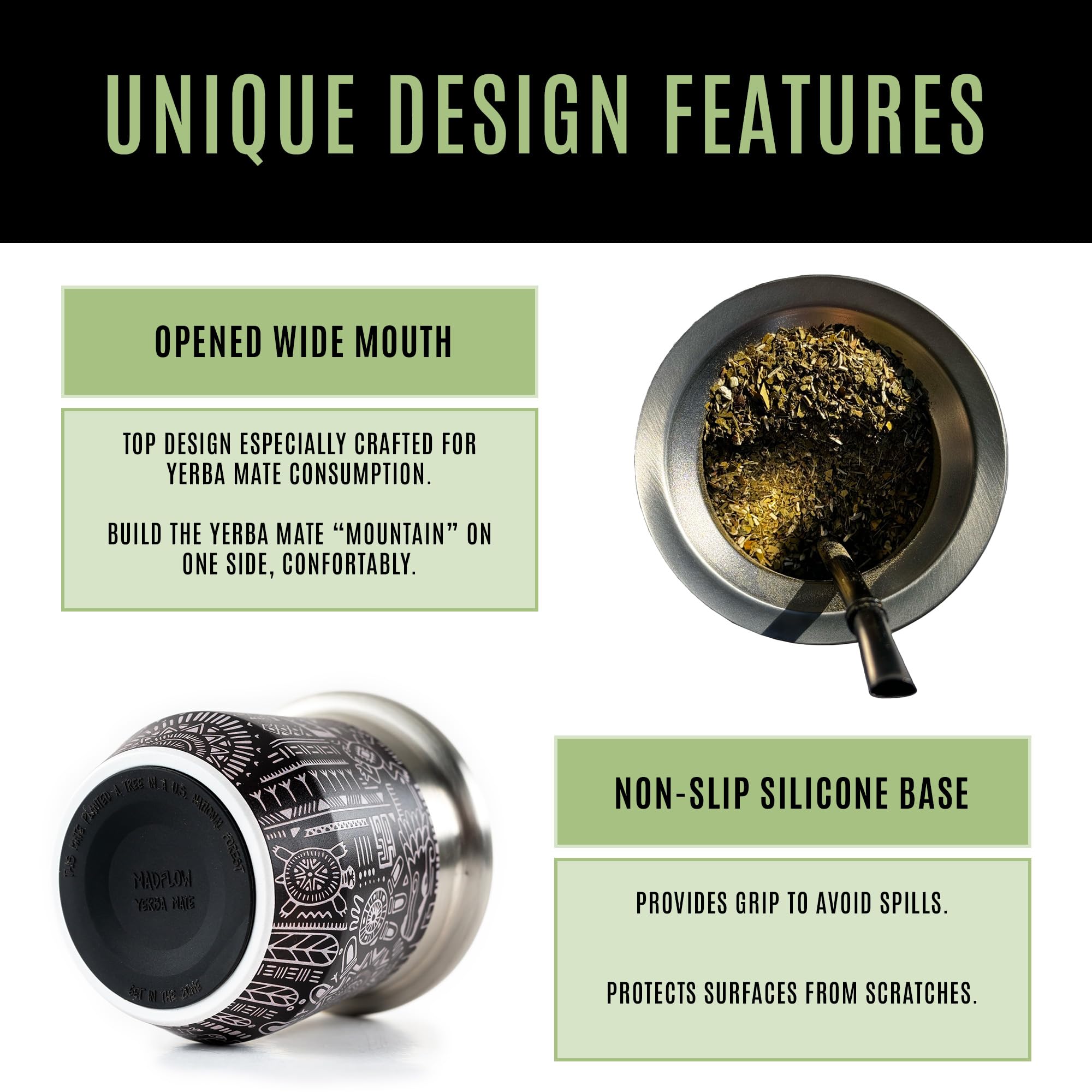 MADFLOW Yerba Mate Cup. Stainless Steel Mate Cup with 2 Bombillas. Double Wall Vacuum Insulated Yerba Mate Gourd. Unique Mate Cup And Bombilla Set