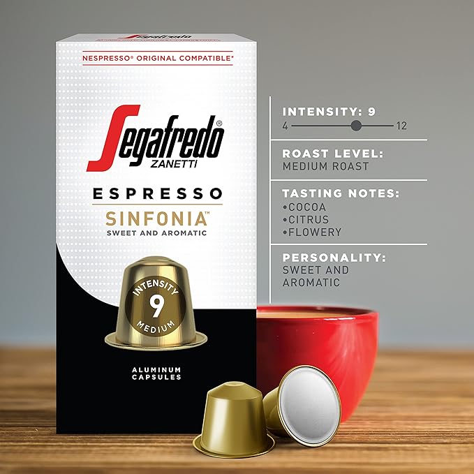 Segafredo Zanetti Espresso Capsules – Aluminum Pods for Nespresso Original Machines – Medium Roast Premium Espresso with a Sweet Aroma – Subtle, Intensity 9 – Sinfonia, 10 Count (Pack of 4)