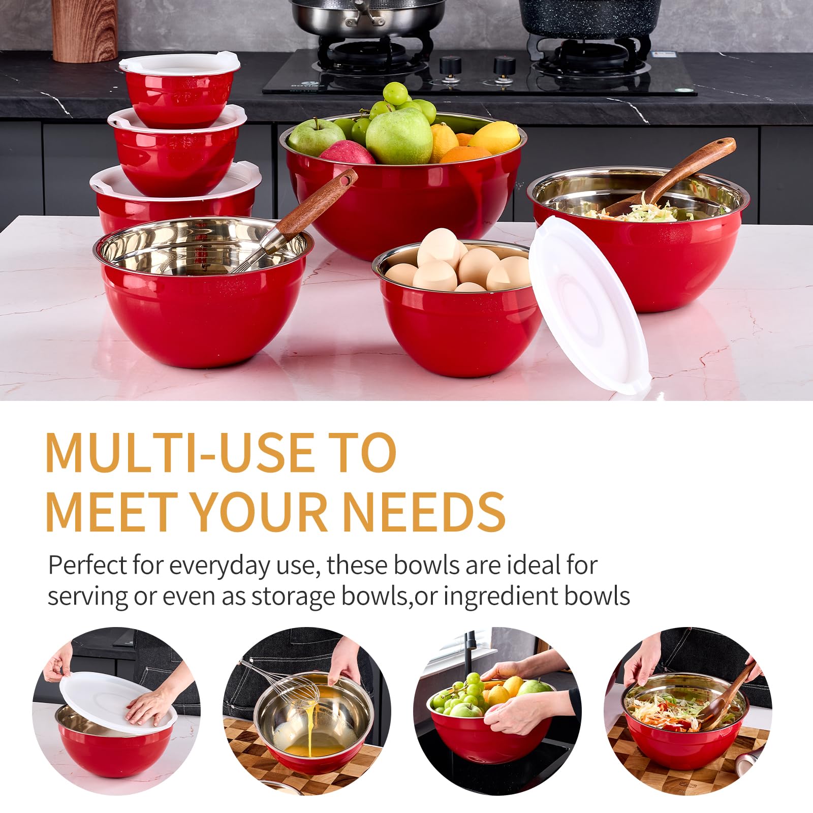 Onlycooker Red Mixing Bowls With Airtight Lids,Stainless Steel Bowl,Salad Bowls 7 Piece Colorful Nesting Bowl Red Kitchen Accessories,Size 7,3.6,2.7,2.1,1.5,1.1,0.8QT Stackable Design