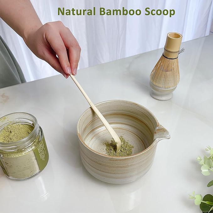 4pcs Matcha Set, Japanese Matcha Kit with Whisk, 17oz Ceramic Bowl with Spout, Whisk Holder & Bamboo Scoop for Starter, Tea Ceremony, Tea Lover, Gift
