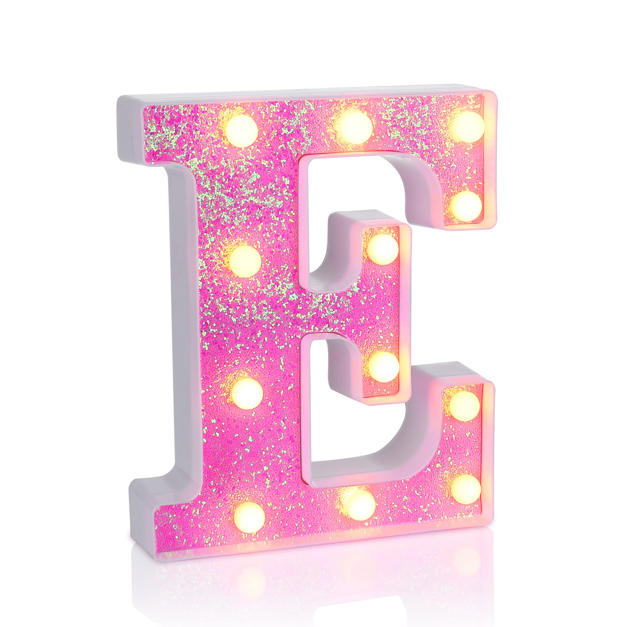 Foaky Pink Light up Letters，Pink Party Decorations,Girls Room Decor,Glitter Light Up Letters,Alphabet Letter Sign for Night Light Birthday Party Girls Gifts, Home Bar Decoration（E）