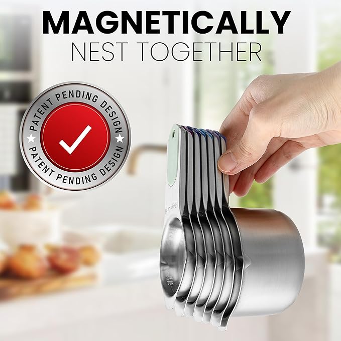 Spring Chef Magnetic Stainless Steel Measuring Cups (Patent Pending), Kitchen Tools with Easy to Read Markings for Measuring Dry or Liquid Ingredients, Set of 7, Winter Frost