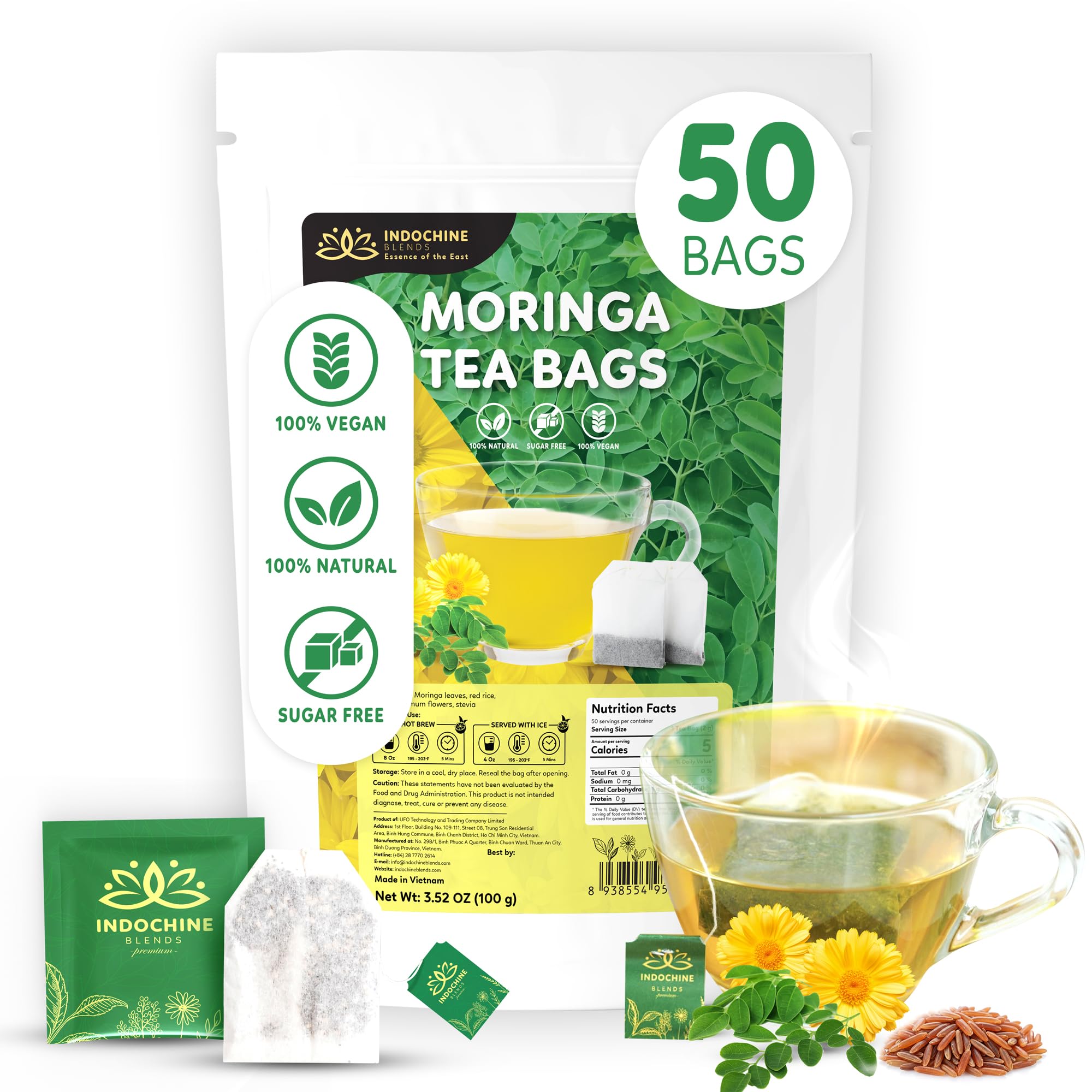 Indochine Blends Tea Bags | Sugar-Free, Caffeine-Free Herbal Tea | Double Chamber, Individually Wrapped Bags | Rich in Natural Goodness and Flavor (50 Tea Bags (Pack of 1), Moringa Tea)
