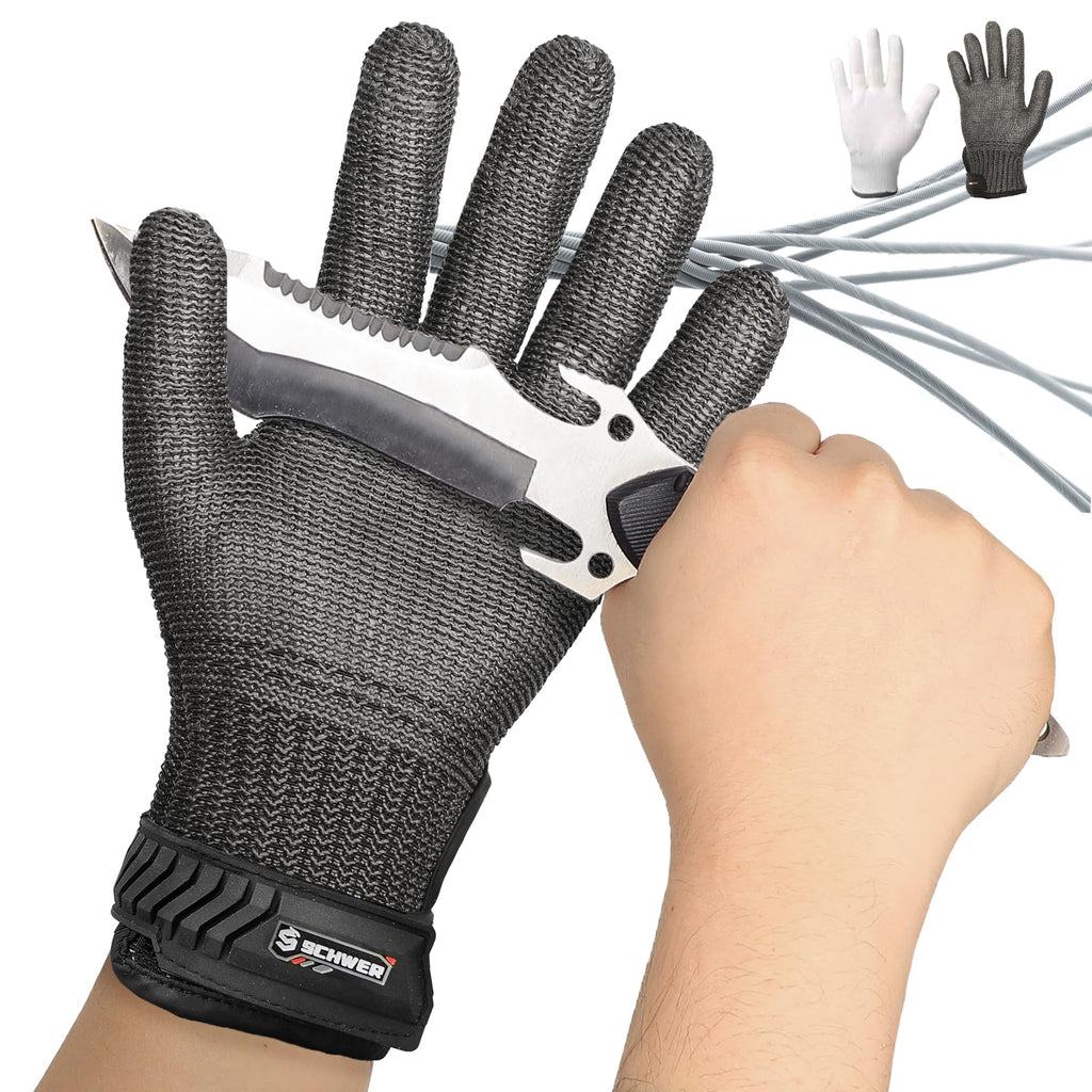 Schwer Ultimate Cut Resistant Gloves Beyond ANSI A9, Reinforced Stainless Steel Glove, Food Grade Mesh Metal Gloves for Butcher Meat Cutting, Oyster Shucking, Mandoline, PR1708 (L, 1 PCS)