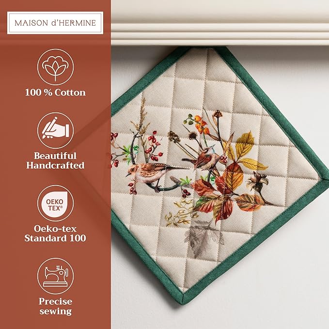Maison d' Hermine Pot Holders 100% Cotton Heat Resistant Potholders 8" x 8" Hot Pads with Loop BBQ, Cooking, Baking, Grilling, Kitchen, Handling Hot Pans (Pack of 1, Recolte)