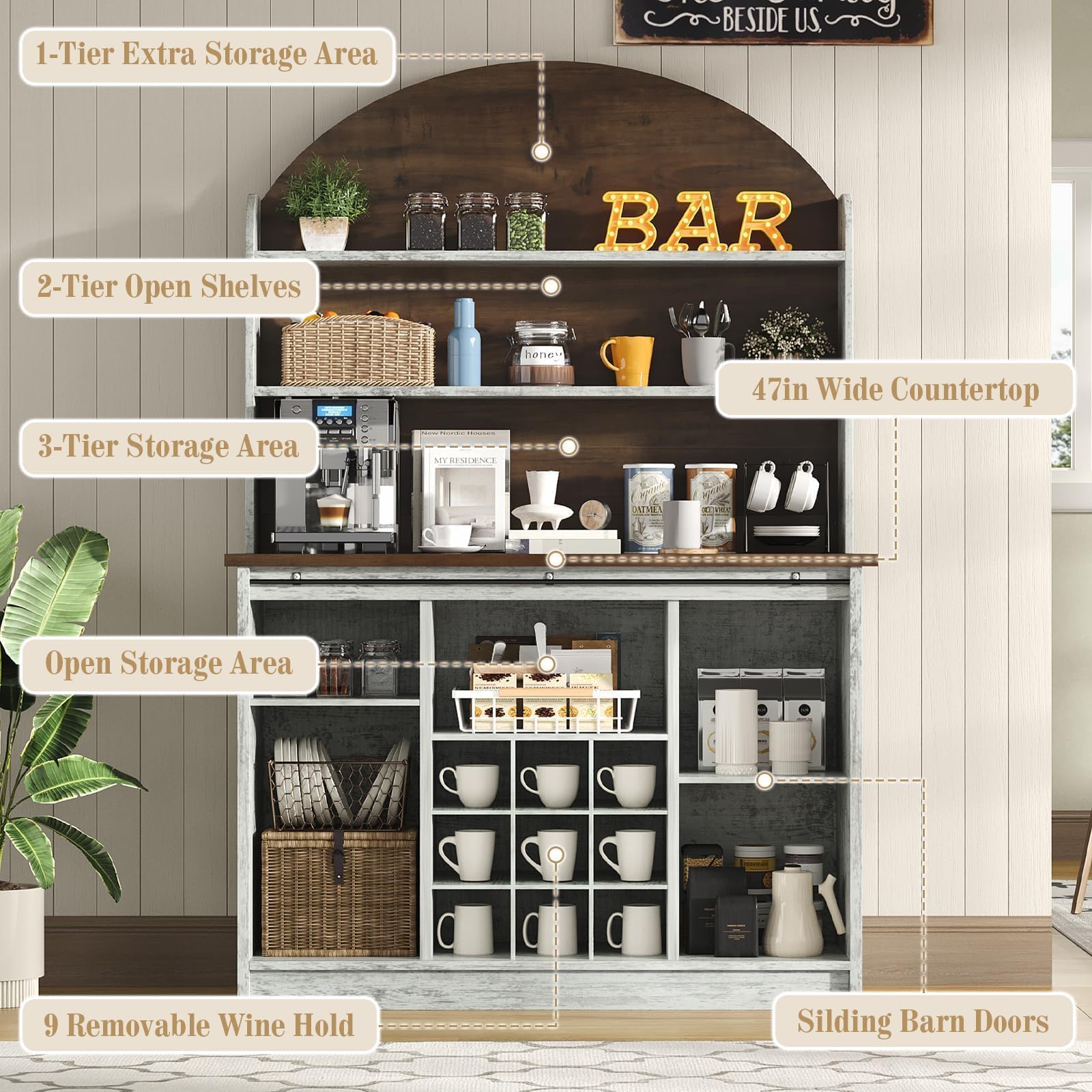 4 EVER WINNER 67-Inch Farmhouse Coffee Bar Cabinet with Storage, Grey
