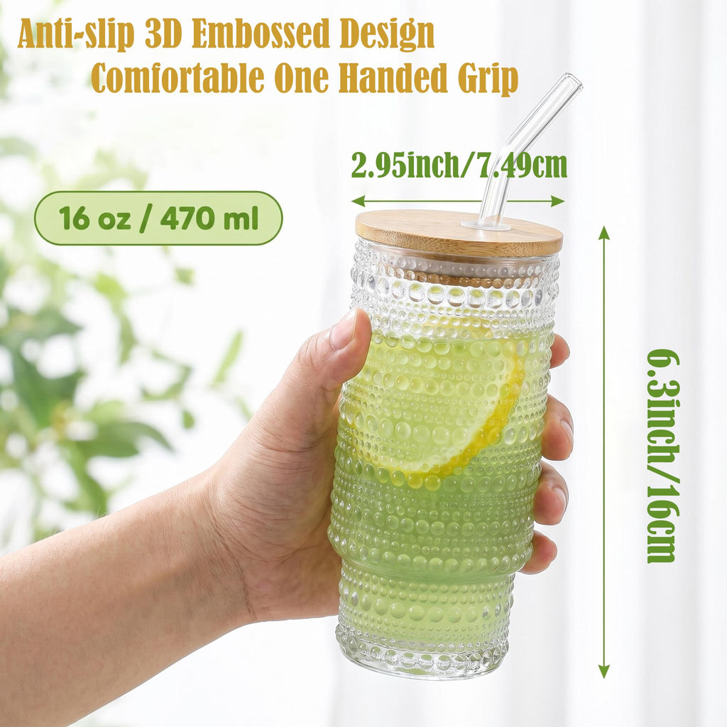 Icesip Glass Cups with Lids and Straws 16 oz Hobnail Drinking Glasses