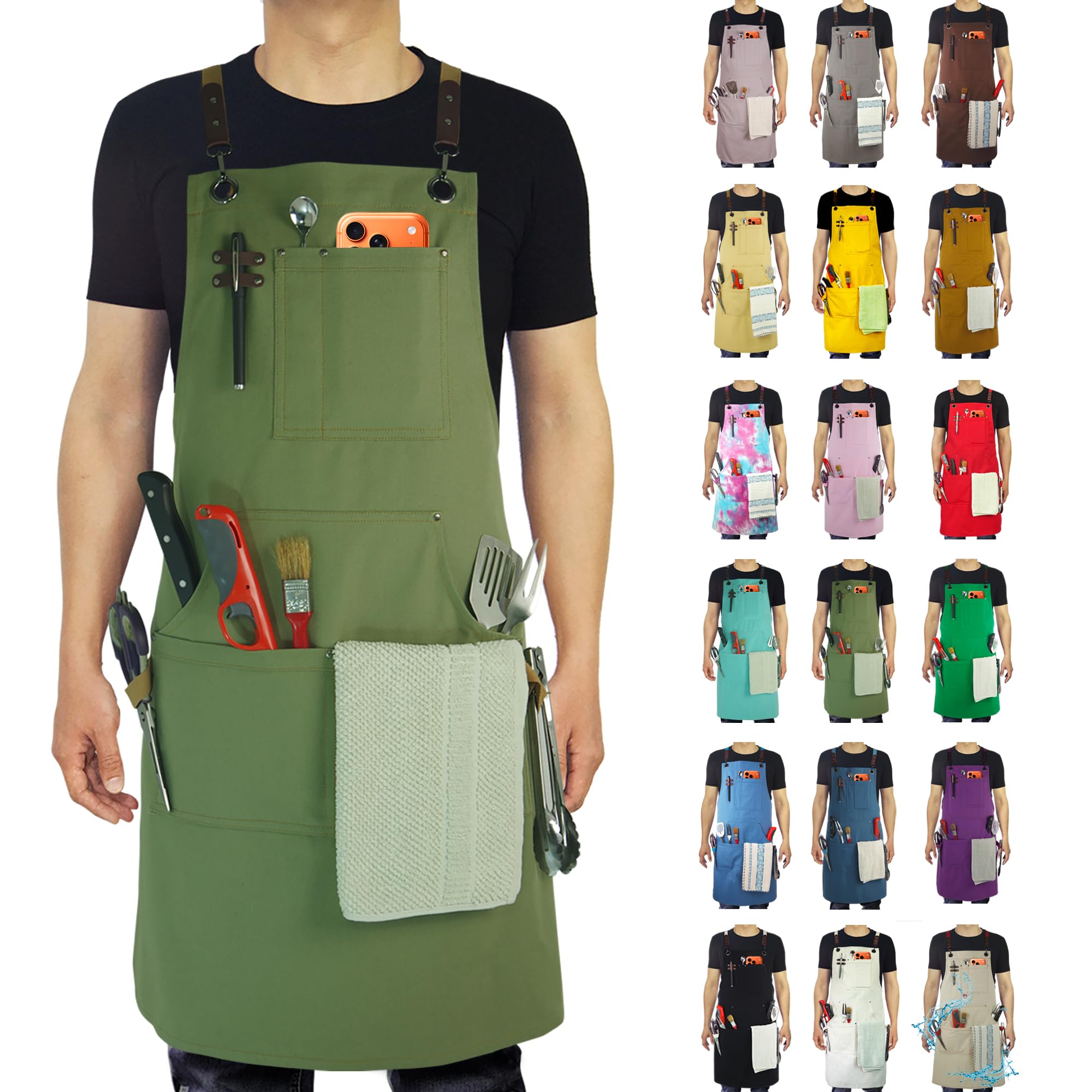 Stenffy Kitchen Apron, Work Apron, Canvas Apron, Olive