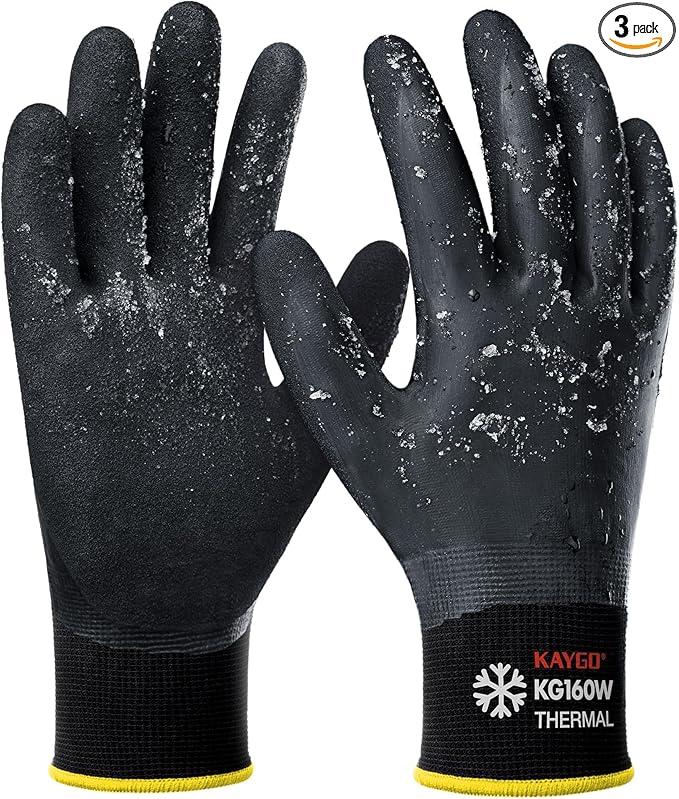 KAYGO Winter Waterproof Work Gloves for Men and Women, 3 Pairs Thermal Insulated Freezer Rubber Coated Gloves,Super Grip,KG160, XL, Black