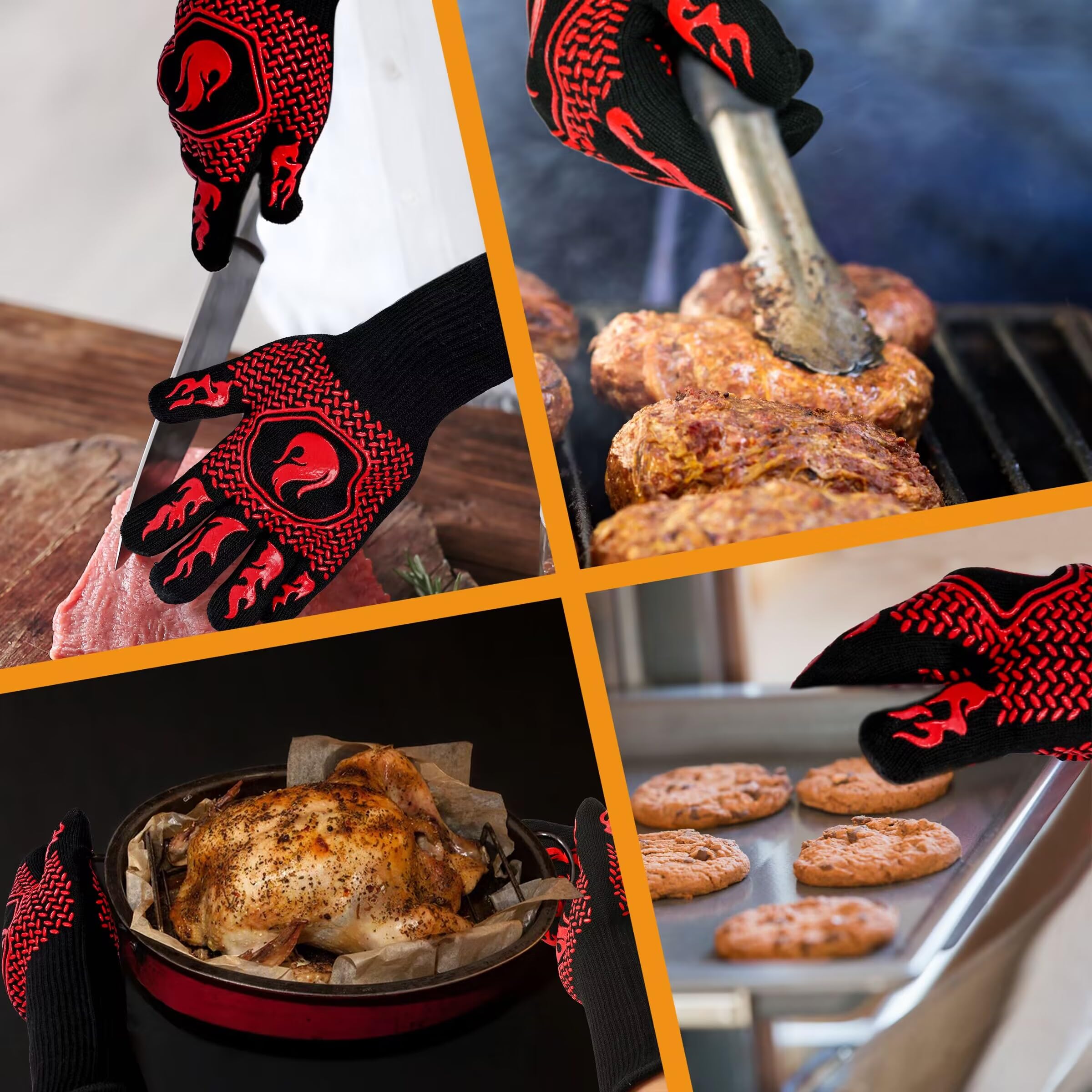 BBQ Gloves 1472F Heat Resistant Non-Slip Silicone 13.8in (Red)