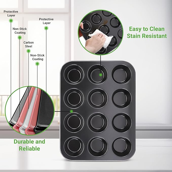 NutriChef 13” Non-Stick Muffin Baking Pan - Premium Dark Gray Carbon Steel Bake Tray, Commercial Grade Restaurant Quality Metal Bakeware - Dishwasher Safe