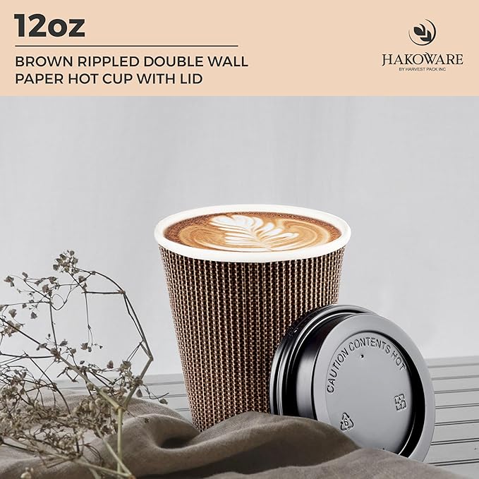 [100 SET]Harvest Pack 12 oz Disposable Coffee Cups, Insulated Ripple Double-Walled Paper Cups with Lids, Brown Geometric, Leak-Proof Drinking Cups for Tea Hot Chocolate Drinks To go coffee cups