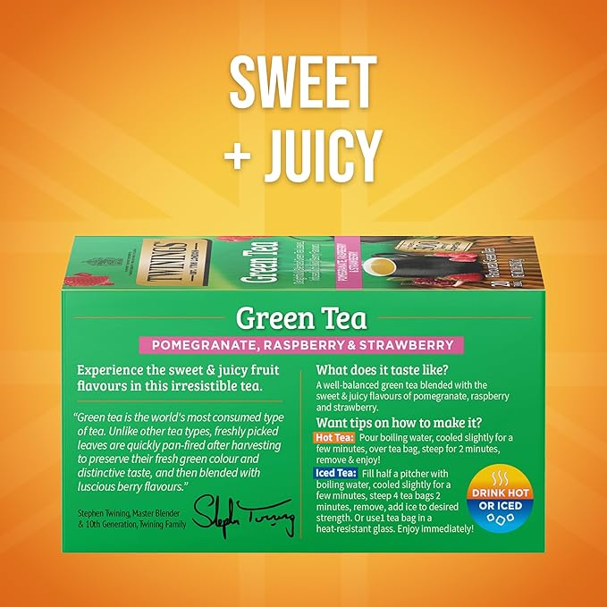 Twinings Green Tea with Pomegranate, Raspberry, & Strawberry Individually Wrapped Bags, 20 Count (Pack of 6), Caffeinated, Enjoy Hot or Iced, 120 Teabags