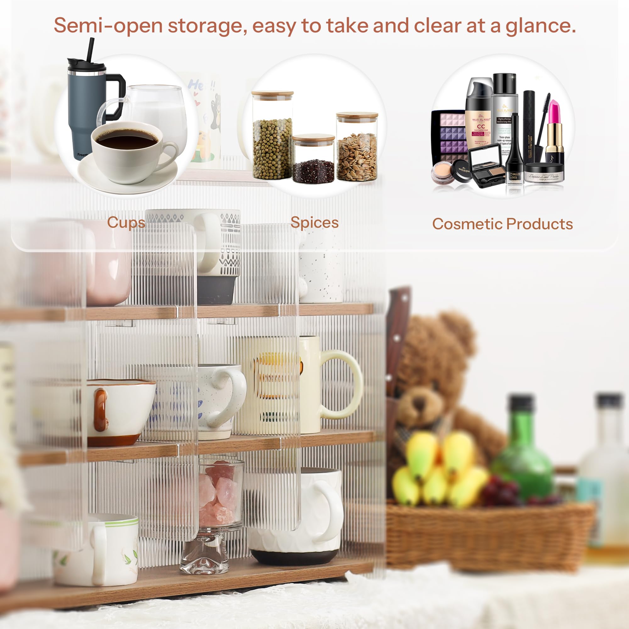 KAOTGOT Mug Shelf 4-Tier Walnut Coffee Cup Displays,Kitchen Spice Storage