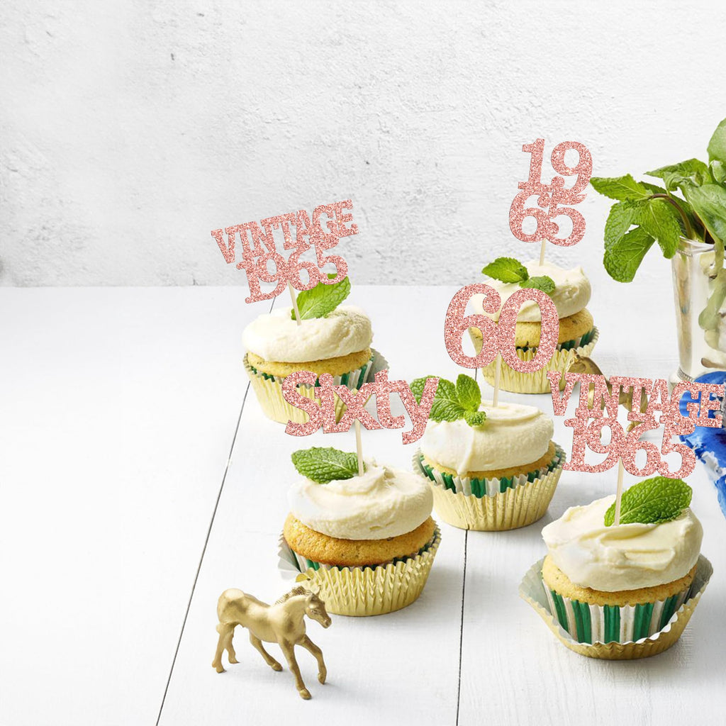 Gyufise 24Pcs 60th Birthday Cupcake Toppers Cheers to 60 Fabulous Sixty Cupcake Picks Vintage 1965 Decorations for 60th Birthday Wedding Anniversary Party Cake Decorations Supplies Rose Gold